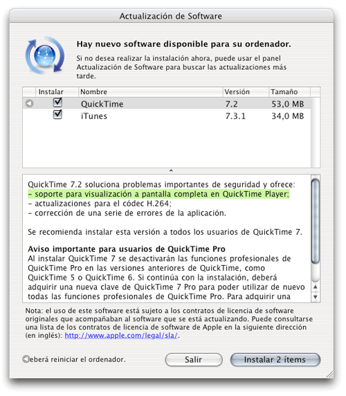 Actualización a iTunes 7.3.1 y Quicktime 7.2